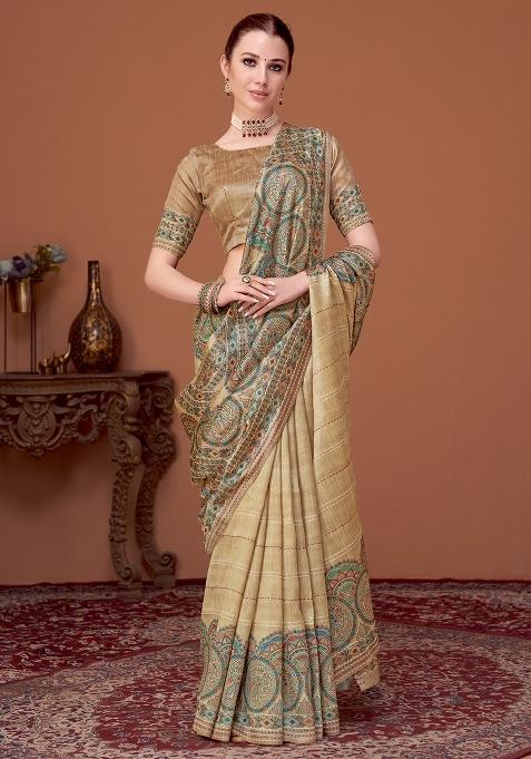 Beige Printed Cotton Silk Saree Set — view on Indya
