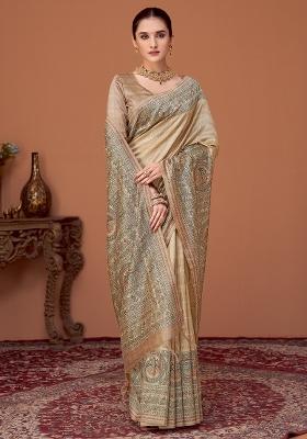 Beige Printed Cotton Silk Saree Set