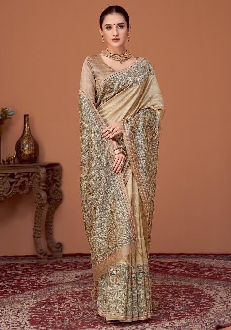 Beige Printed Cotton Silk Saree Set — view on Indya