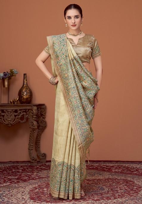 Beige Printed Cotton Silk Saree Set — view on Indya