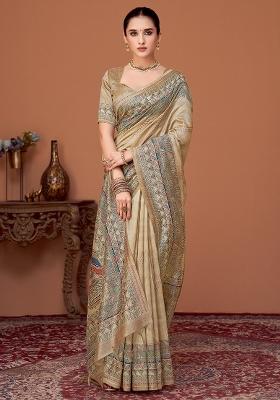 Beige Printed Cotton Silk Saree Set