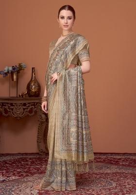 Beige Printed Cotton Silk Saree Set