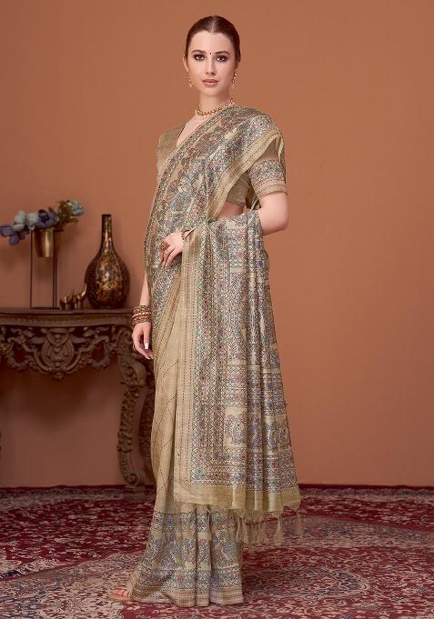 Beige Printed Cotton Silk Saree Set — view on Indya
