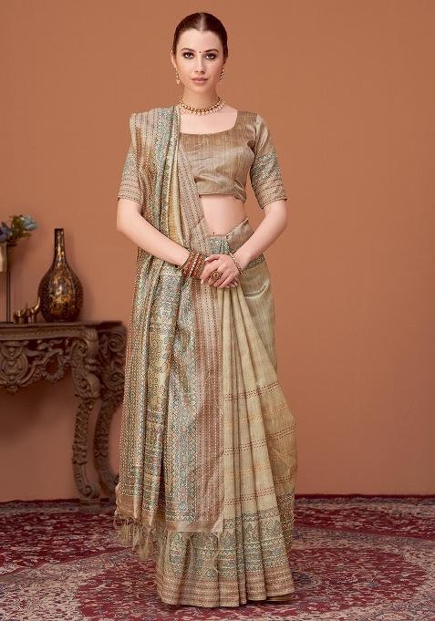 Beige Printed Cotton Silk Saree Set — view on Indya