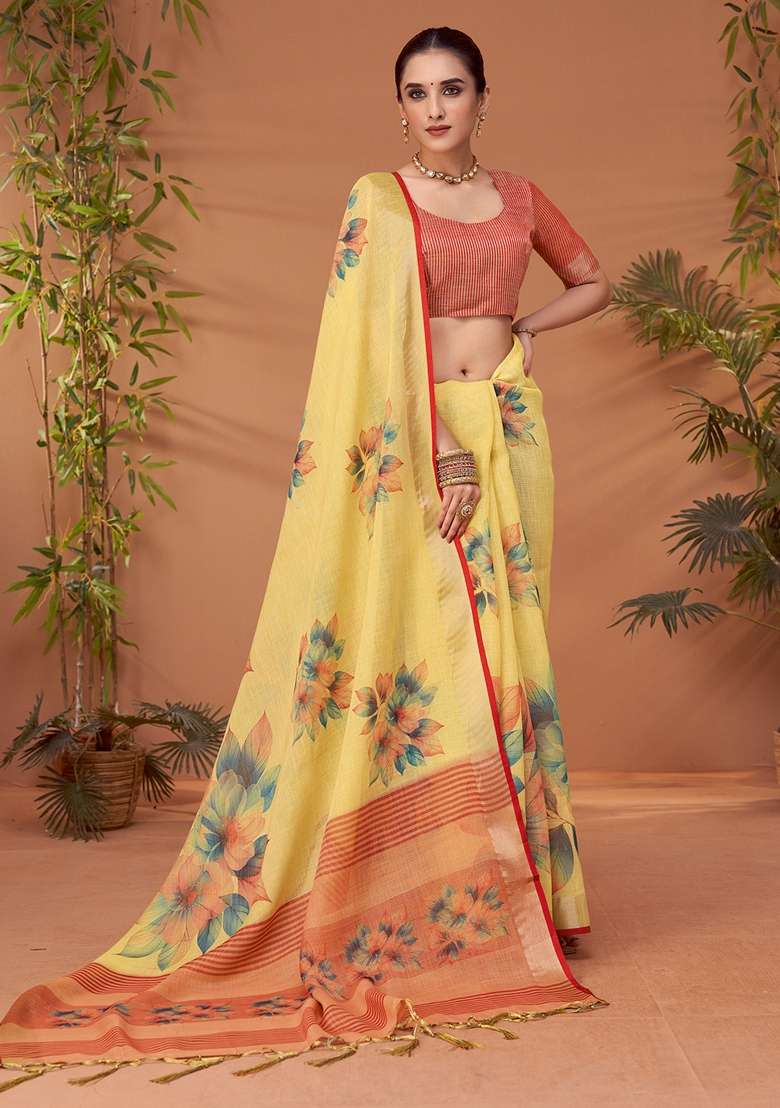 Yellow Printed Linen Blend Saree Set - Indya