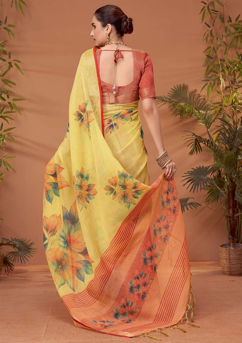 Yellow Printed Linen Blend Saree Set - Indya
