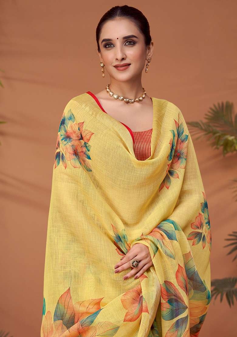 Yellow Printed Linen Blend Saree Set - Indya