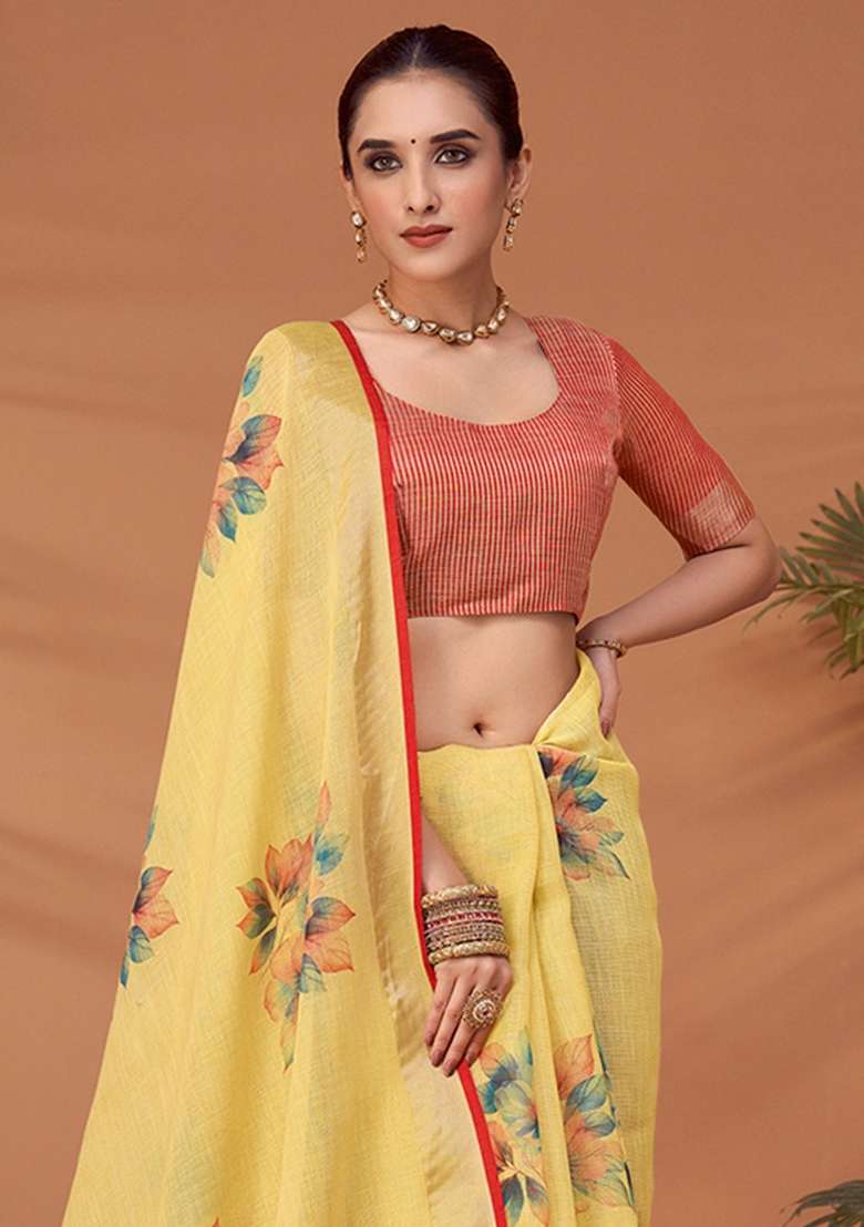 Yellow Printed Linen Blend Saree Set - Indya