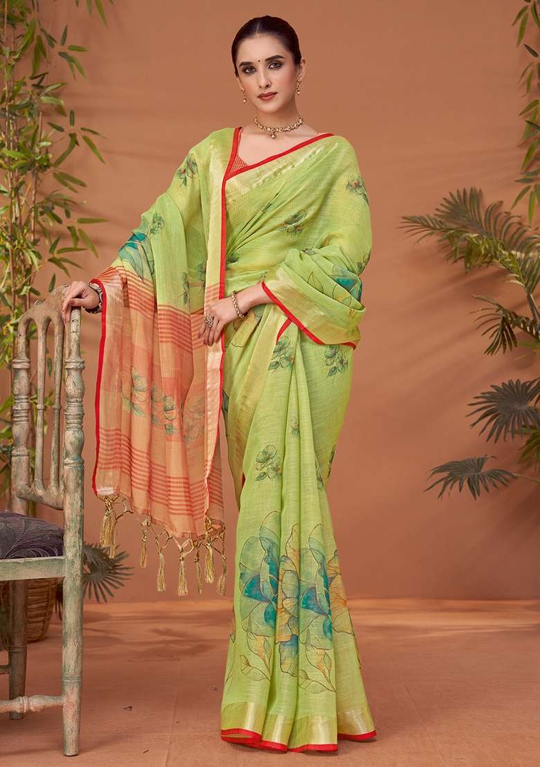 Light Green Printed Linen Blend Saree Set - Indya
