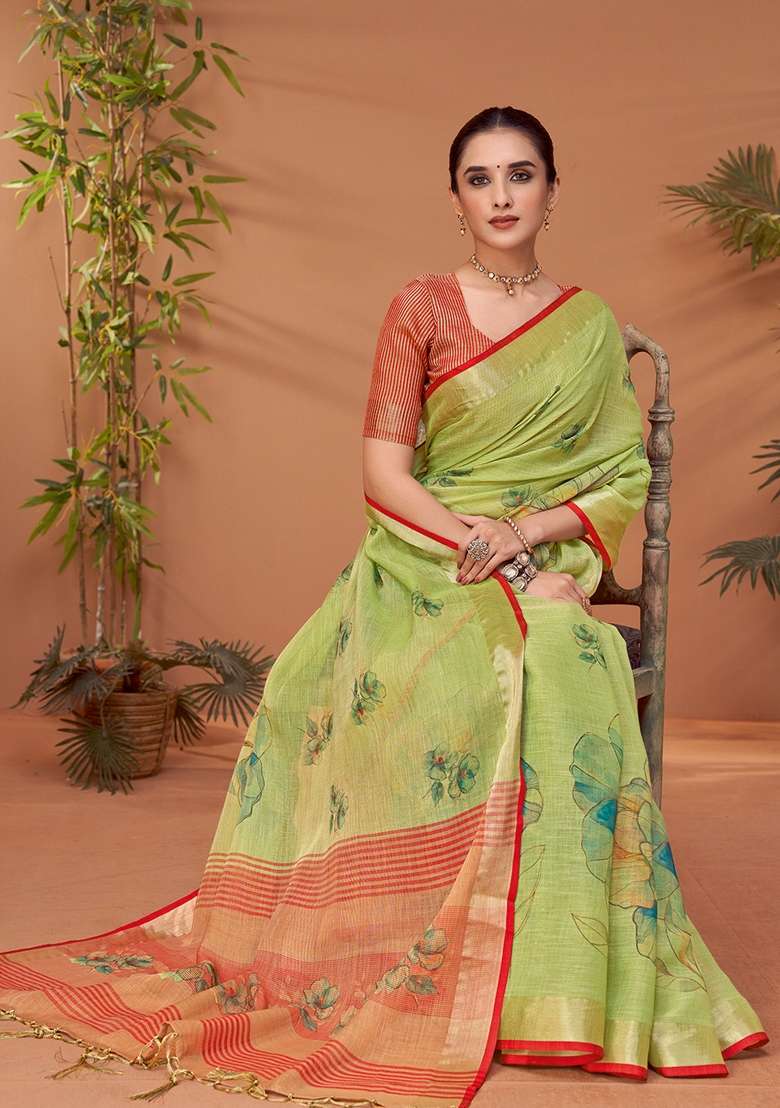 Light Green Printed Linen Blend Saree Set - Indya