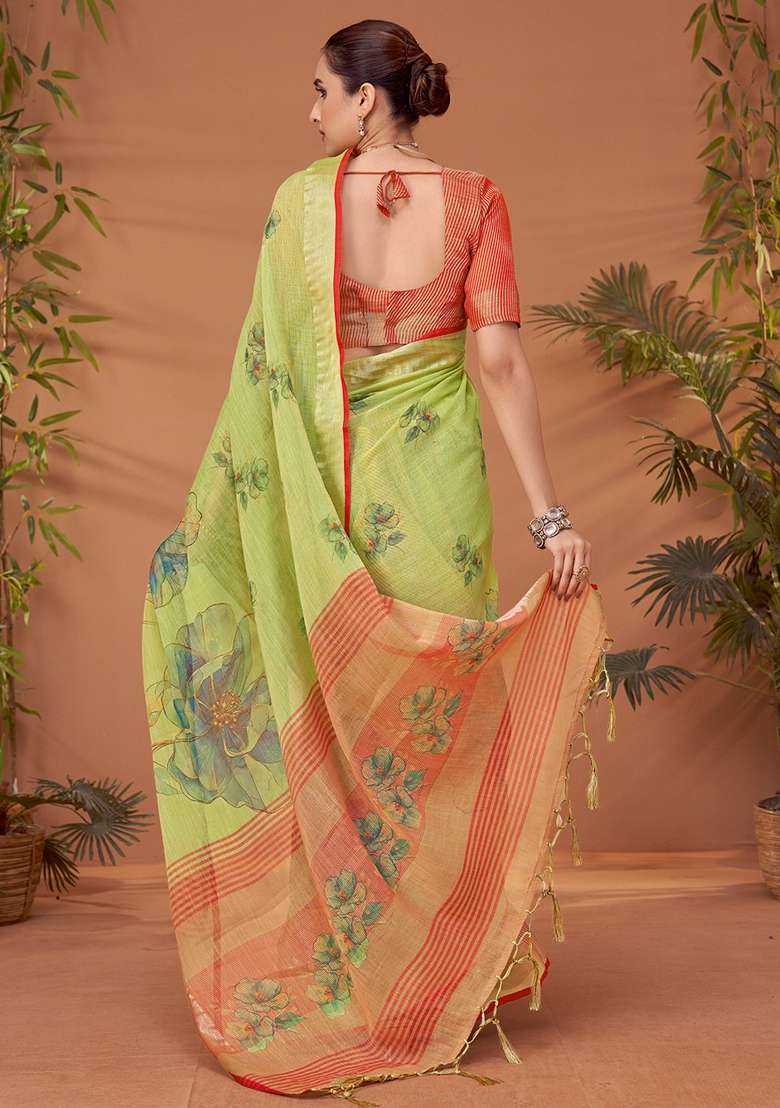 Light Green Printed Linen Blend Saree Set - Indya