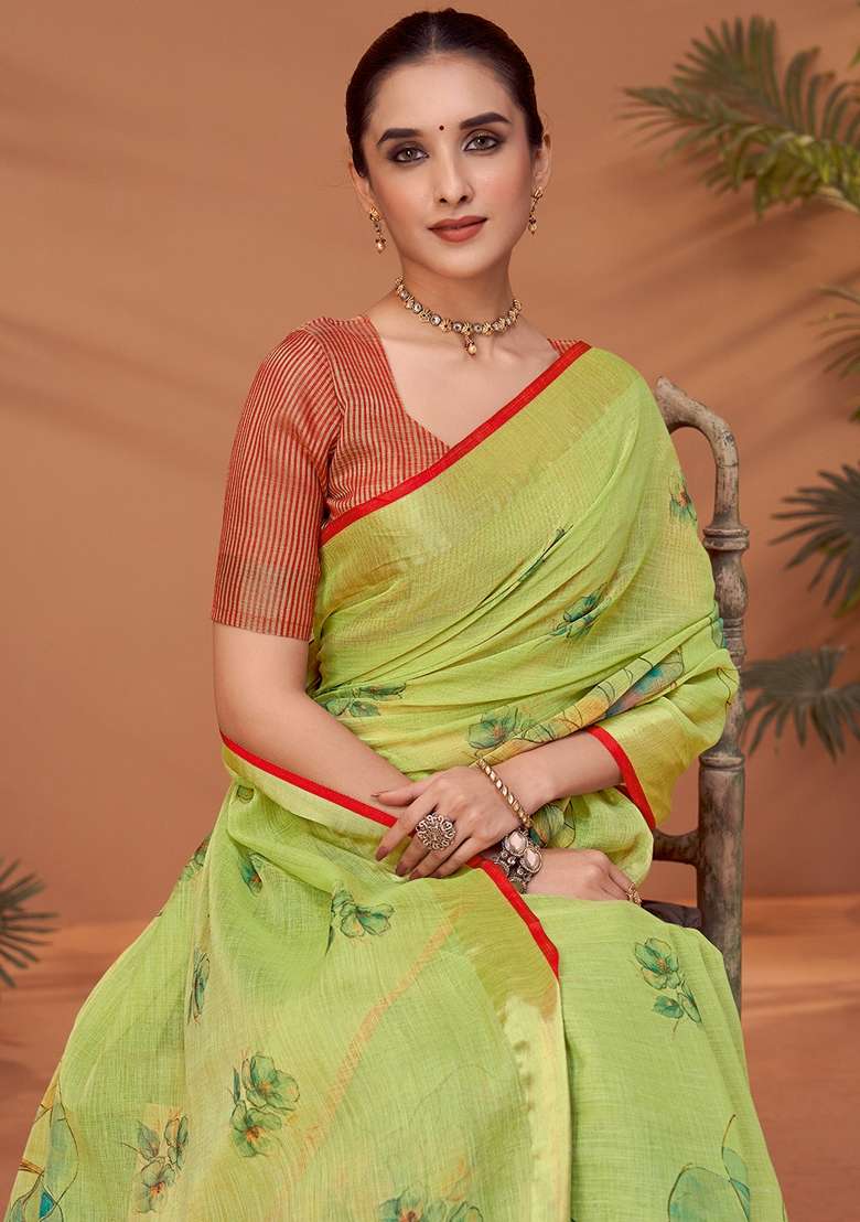 Light Green Printed Linen Blend Saree Set - Indya