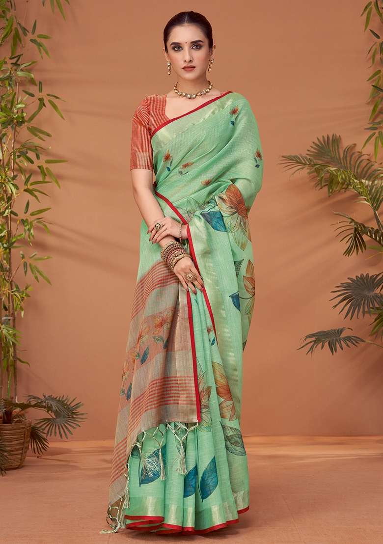Sea Green Printed Linen Blend Saree Set - Indya