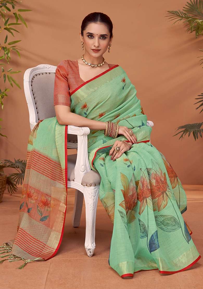 Sea Green Printed Linen Blend Saree Set - Indya