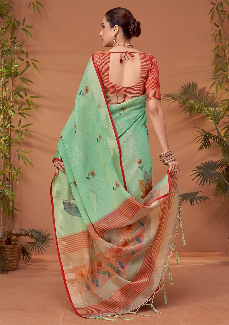 Sea Green Printed Linen Blend Saree Set - Indya