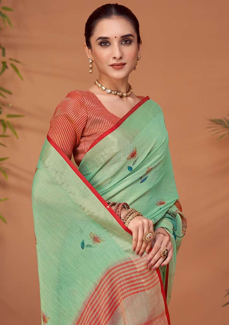 Sea Green Printed Linen Blend Saree Set - Indya