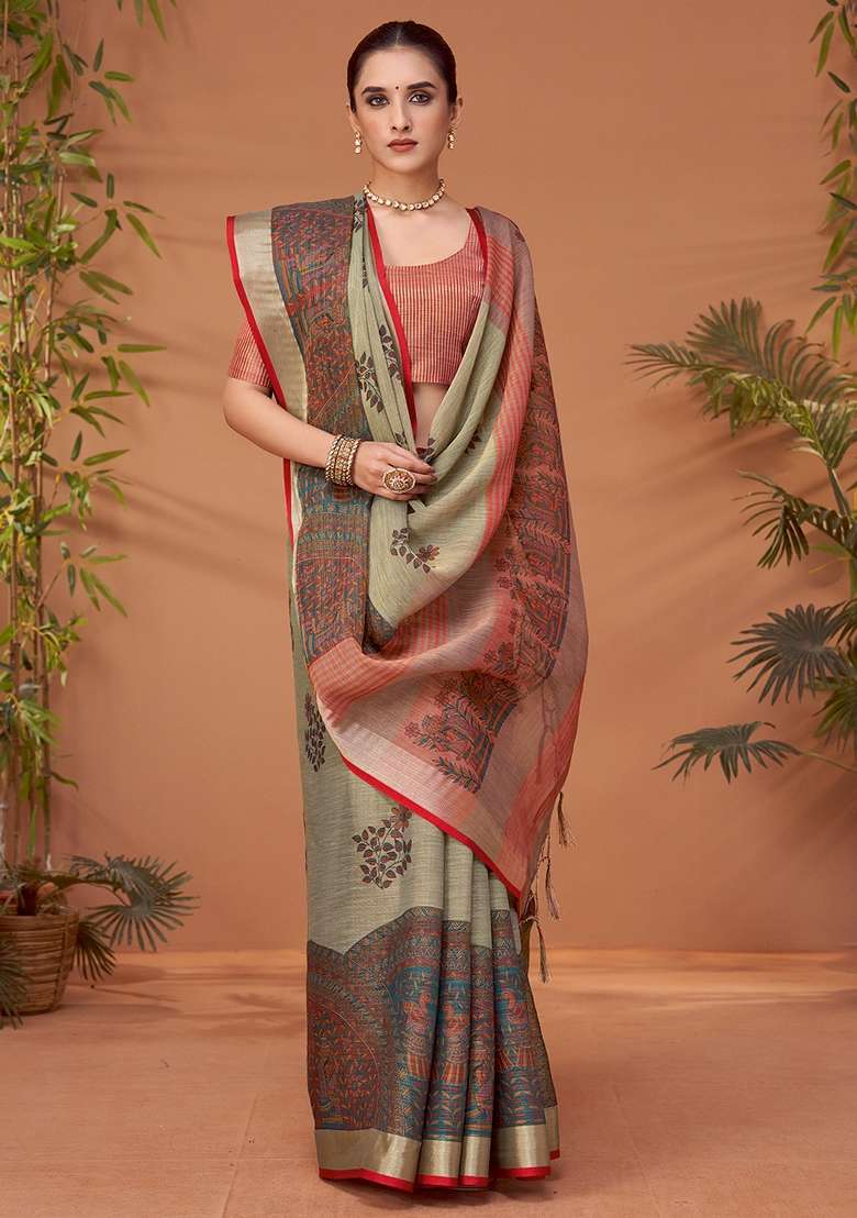 Grey Printed Linen Blend Saree Set - Indya