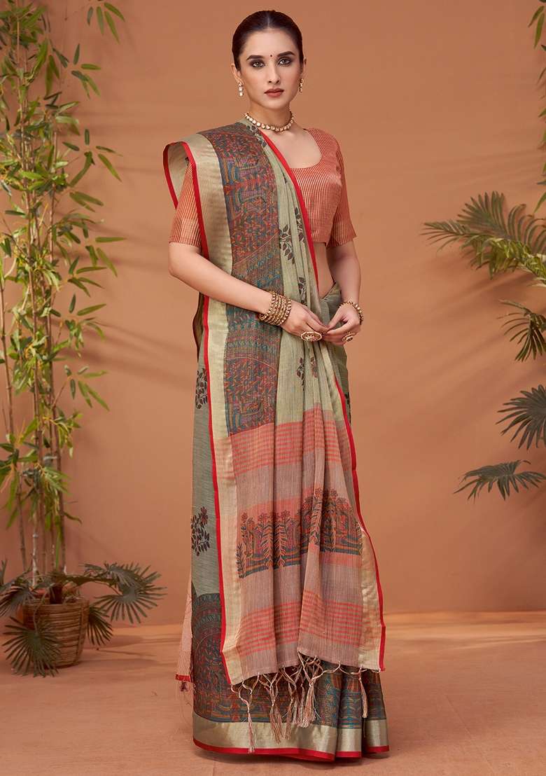 Grey Printed Linen Blend Saree Set - Indya
