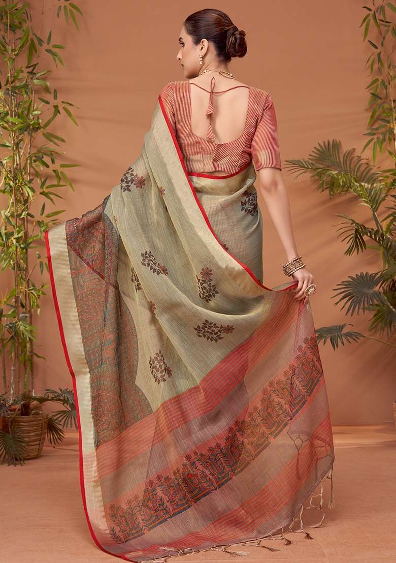 Grey Printed Linen Blend Saree Set - Indya