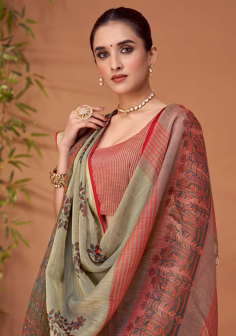 Grey Printed Linen Blend Saree Set - Indya