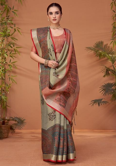 Grey Printed Linen Blend Saree Set — view on Indya