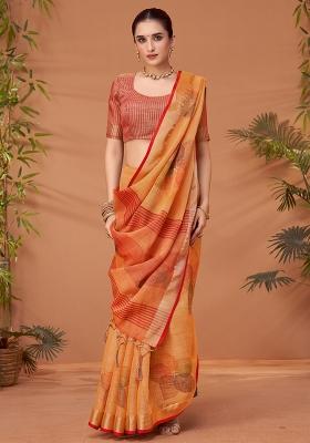 Orange Printed Linen Blend Saree Set