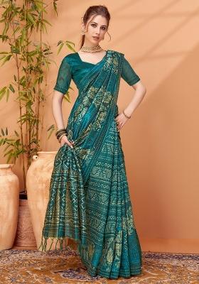 Teal Green Printed Cotton Silk Saree Set