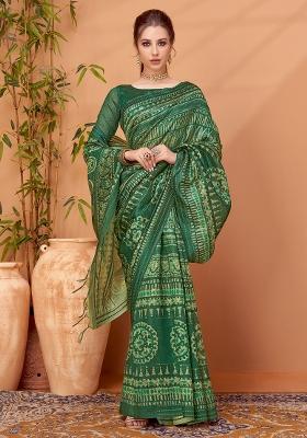 Green Printed Cotton Silk Saree Set