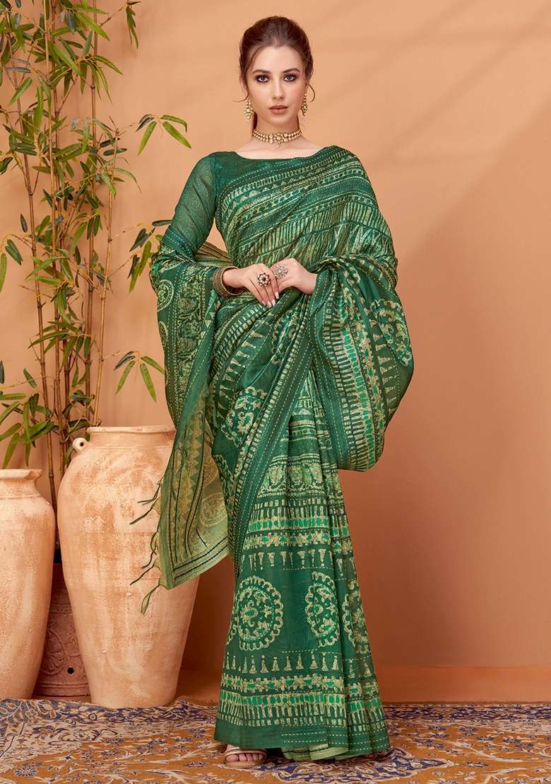 Green Printed Cotton Silk Blend Saree Set - Indya