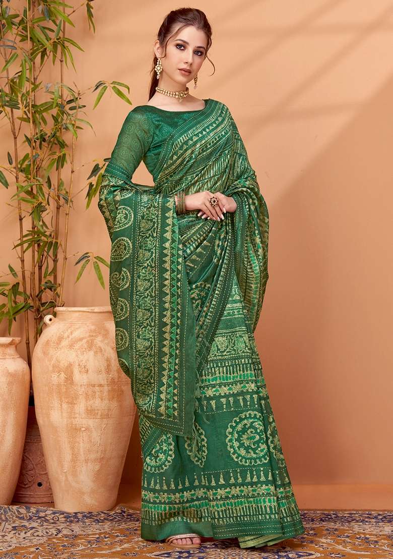 Green Printed Cotton Silk Blend Saree Set - Indya