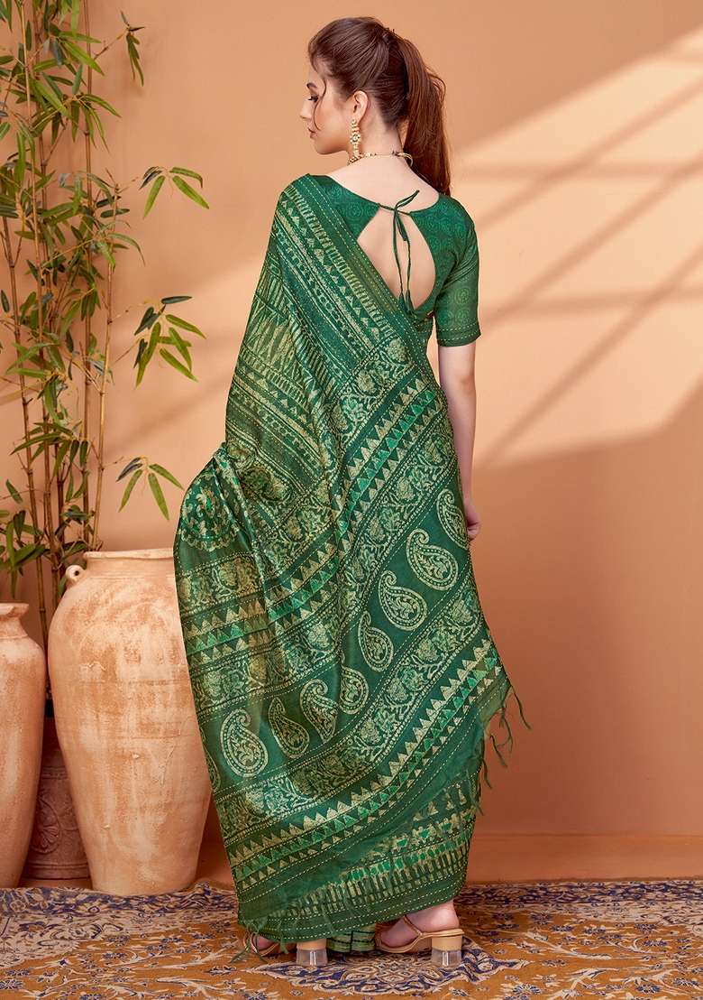 Green Printed Cotton Silk Blend Saree Set - Indya