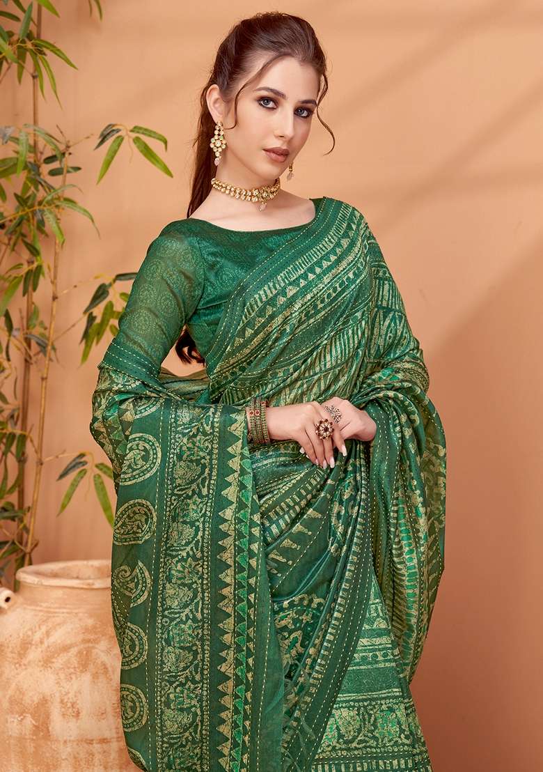 Green Printed Cotton Silk Blend Saree Set - Indya