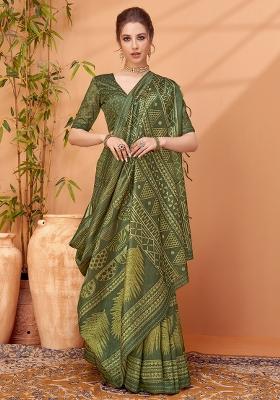 Olive Printed Cotton Silk Saree Set