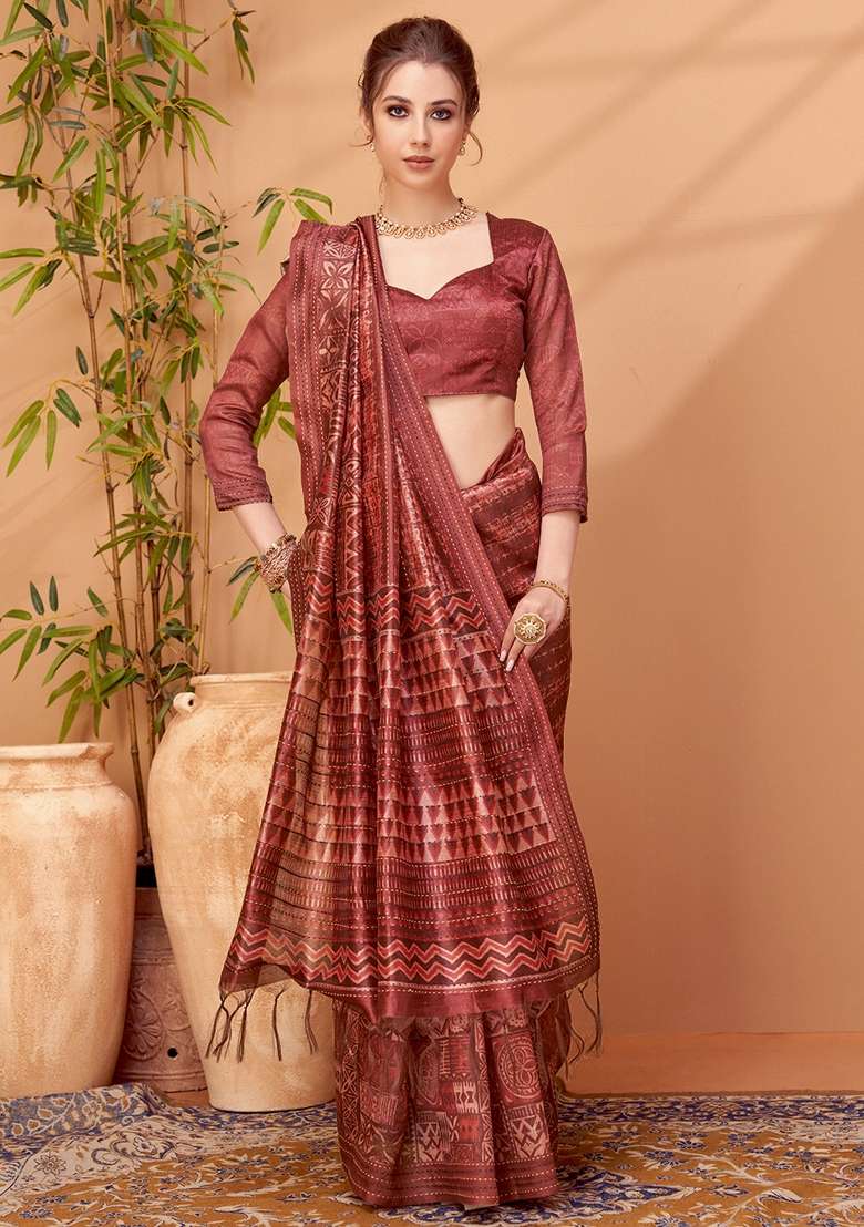 Maroon Printed Cotton Silk Blend Saree Set - Indya