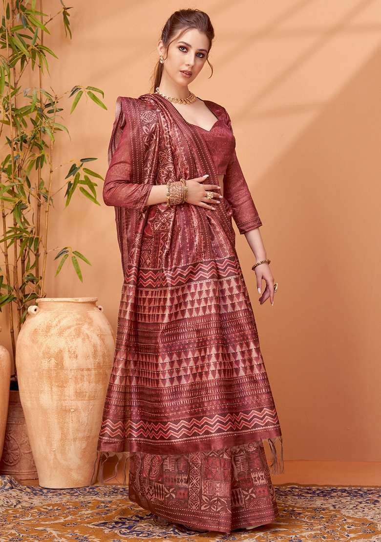 Maroon Printed Cotton Silk Blend Saree Set - Indya