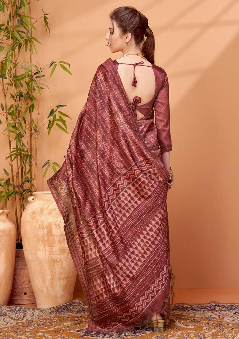 Maroon Printed Cotton Silk Blend Saree Set - Indya