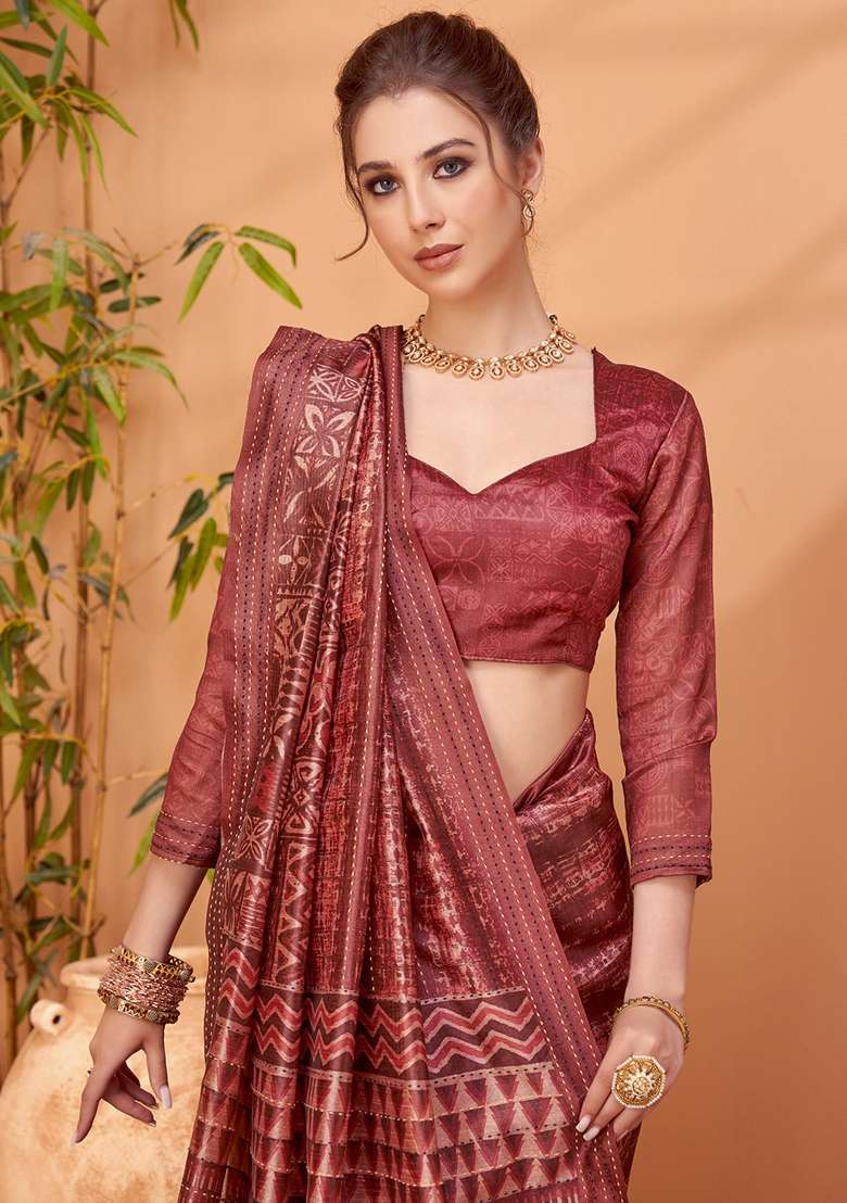 Maroon Printed Cotton Silk Blend Saree Set - Indya