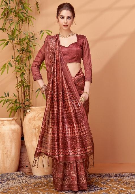 Maroon Printed Cotton Silk Blend Saree Set