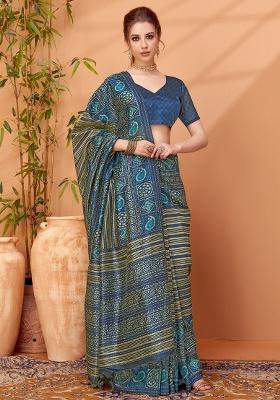 Navy Blue Printed Cotton Silk Saree Set