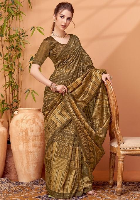 Brown Printed Cotton Silk Blend Saree Set