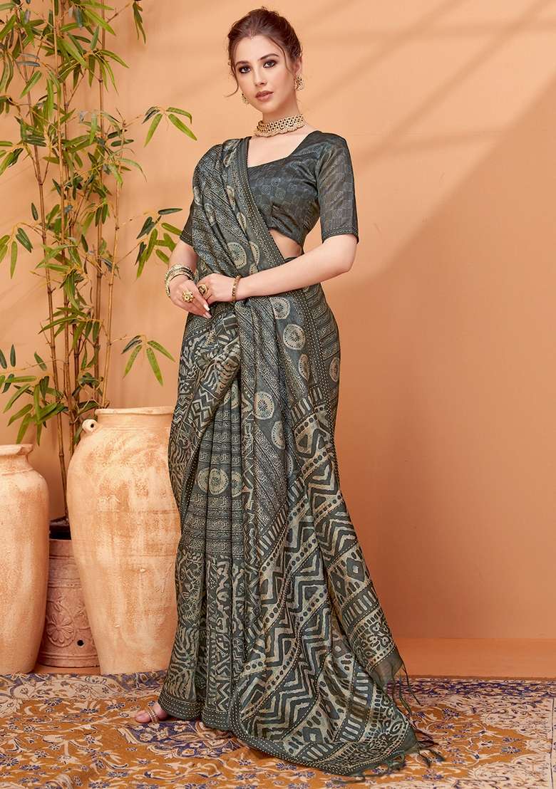 Charcoal Grey Printed Cotton Silk Blend Saree Set - Indya
