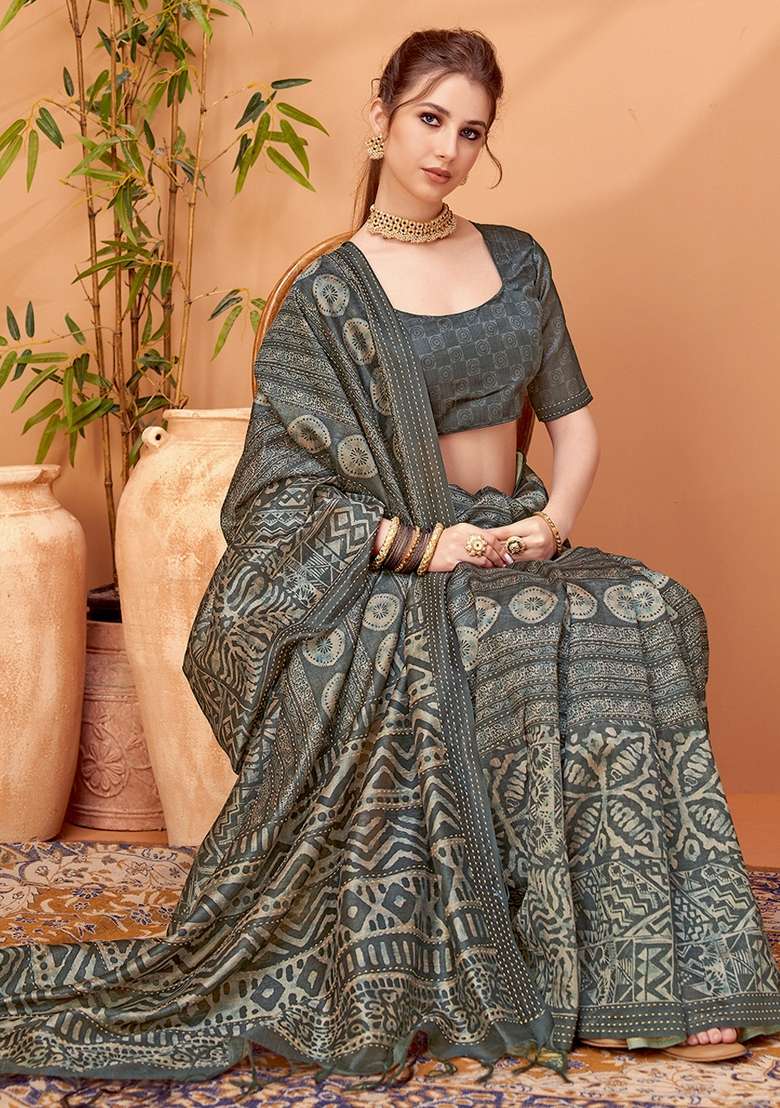 Charcoal Grey Printed Cotton Silk Blend Saree Set - Indya