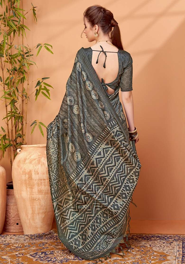 Charcoal Grey Printed Cotton Silk Blend Saree Set - Indya