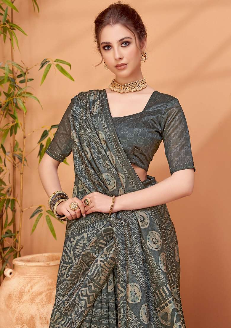 Charcoal Grey Printed Cotton Silk Blend Saree Set - Indya
