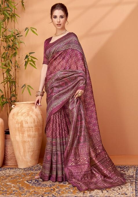 Magenta Printed Cotton Silk Saree Set — view on Indya
