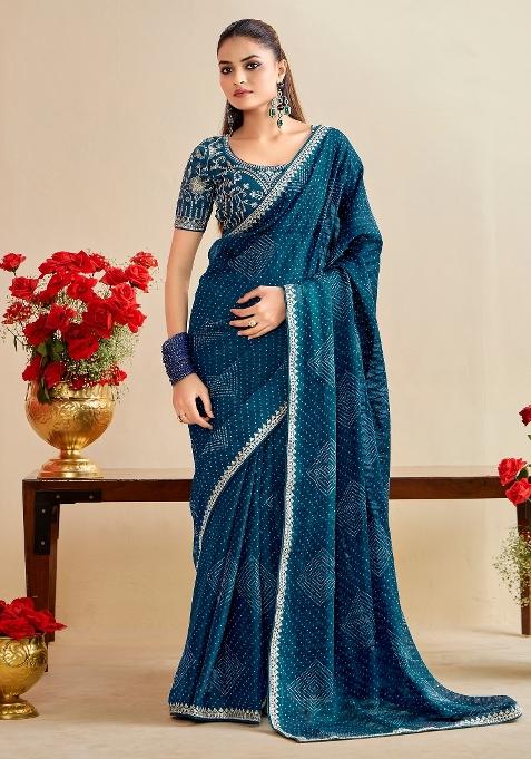 Blue Printed Georgette Saree Set — view on Indya