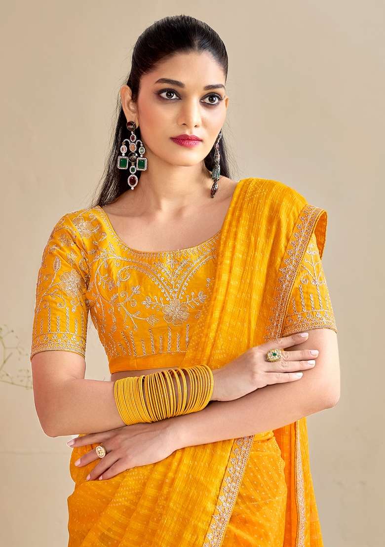 Yellow Printed Georgette Saree Set - Indya