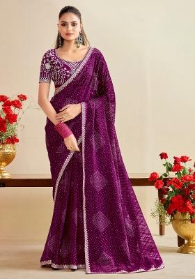 Purple Printed Georgette Saree Set