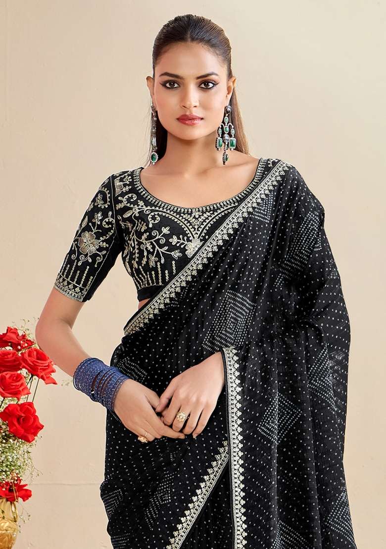 Black Printed Georgette Saree Set - Indya