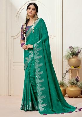 Teal Green Printed Chinnon Saree Set
